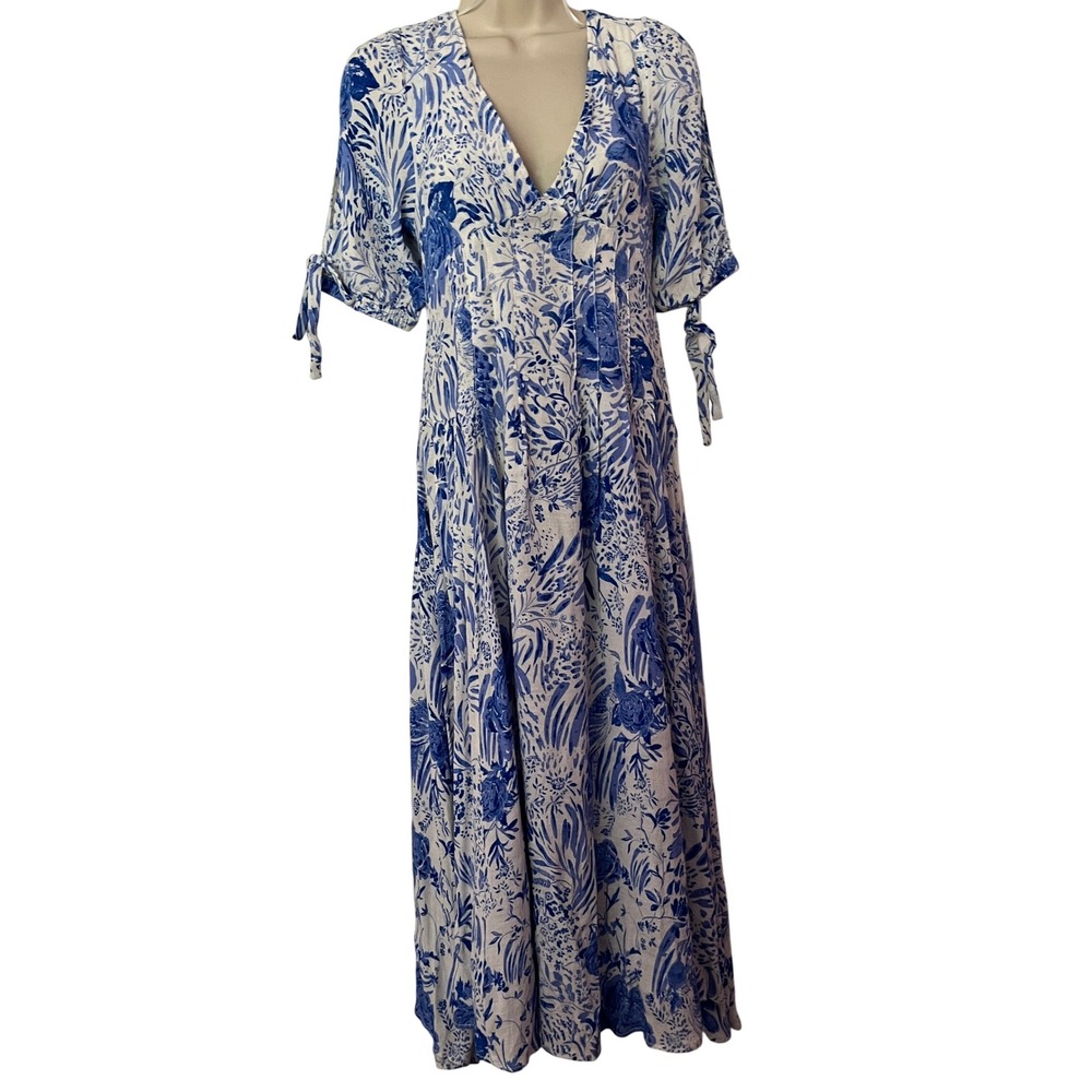 FreePeople Love of My Life Maxi Dress Blue White Floral Toile Puff Sleeve Size 2